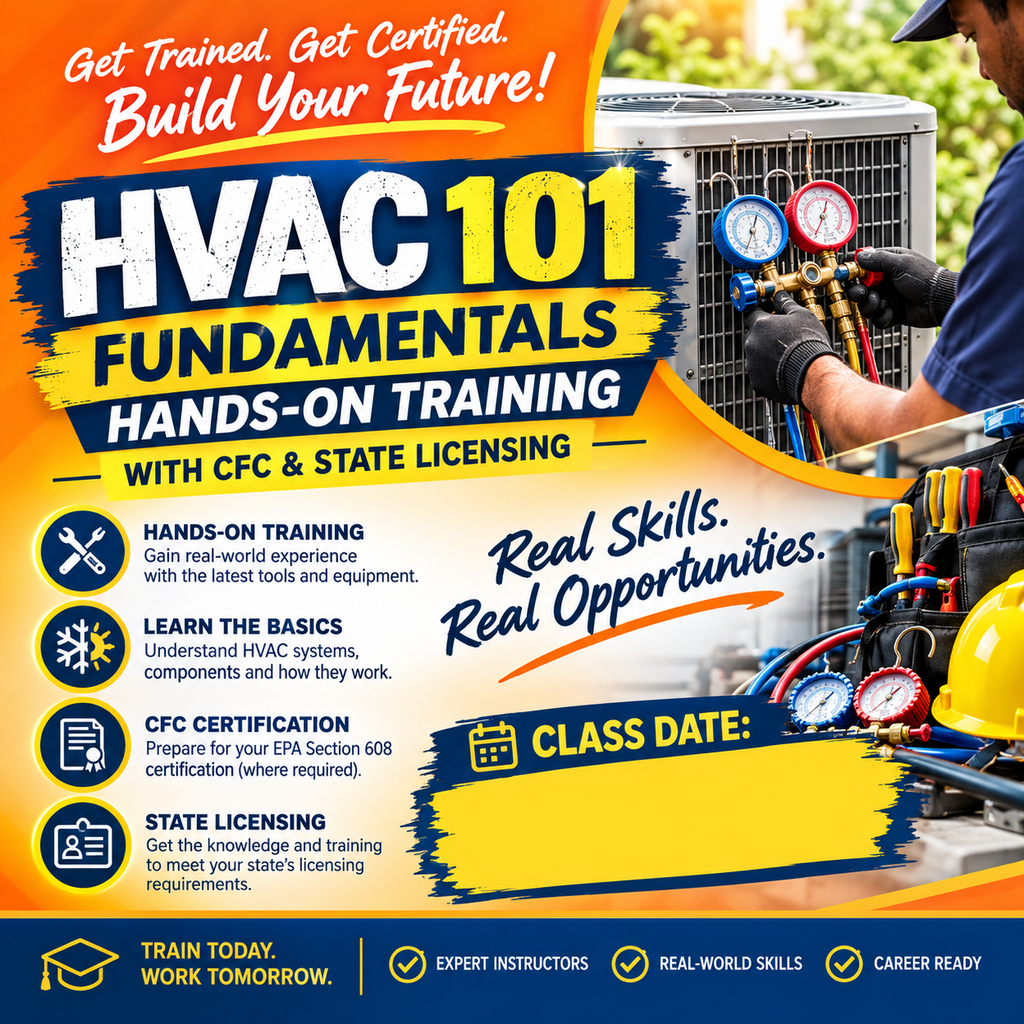 March 15th, 2027 -HVAC 101 Fundamentals: Hands-On Training with CFC & State Licensing (OUT OF COUNTY)